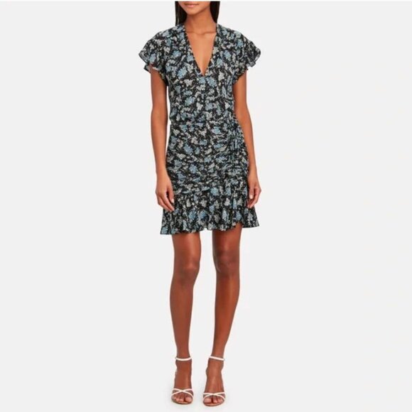 Veronica Beard Marla Dress Ruched Silk Floral Semi Sheer Short Sleeve Size 4 - Picture 1 of 13